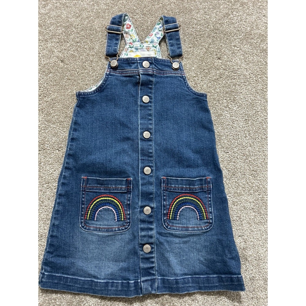 Mini Boden Girls Embroidered Rainbow Denim Skirt Overall Dress Size 6-7Y